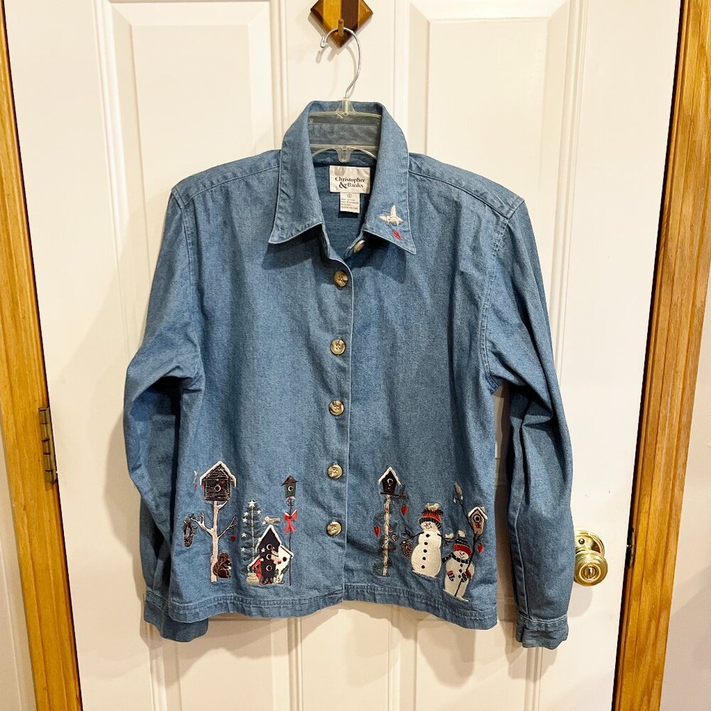 Christopher & Banks Denim Button Down‎ Top Snowman Winter Holiday Party SMALL